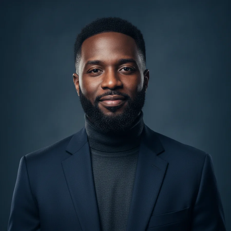 Daniel Osei, Leadership-Coach – Porträt vor dunkelblauem Hintergrund